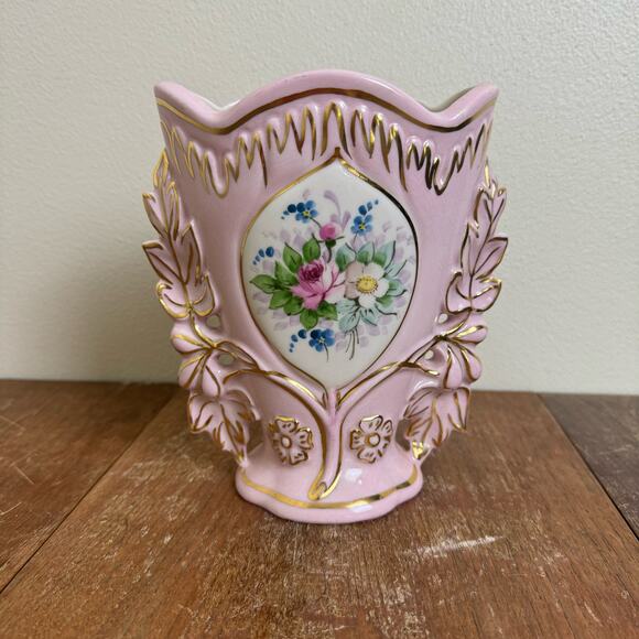 Vintage Osborne Bone‎ China hand painted 22K Gold accent Floral Pink Vase - Picture 1 of 8